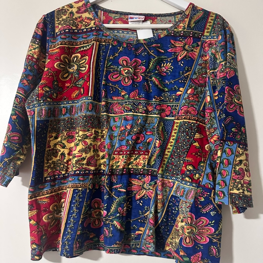 Blue and Red Boxy Graphic Blouse